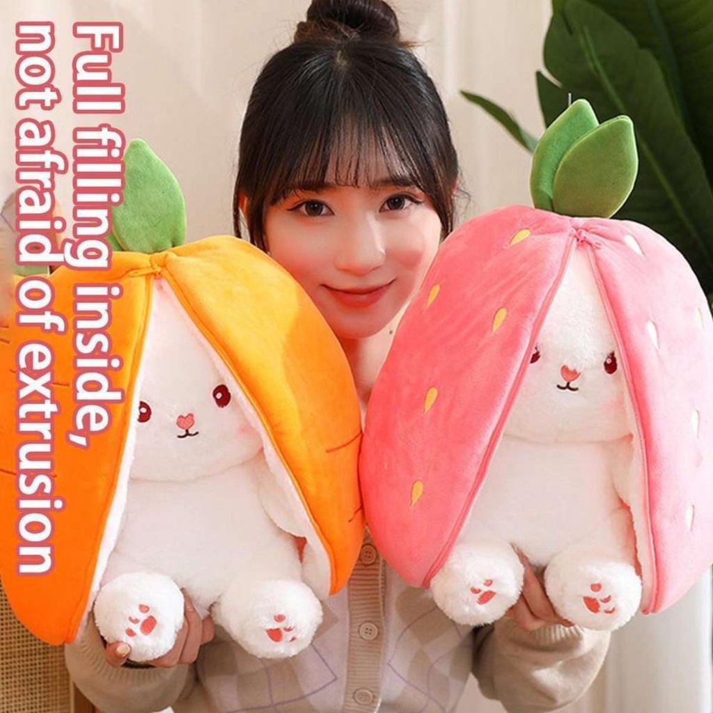 Strawberry Rabbit Plush Cute Bunny Plushie Stuffed Doll 2in1 Long Ear ...