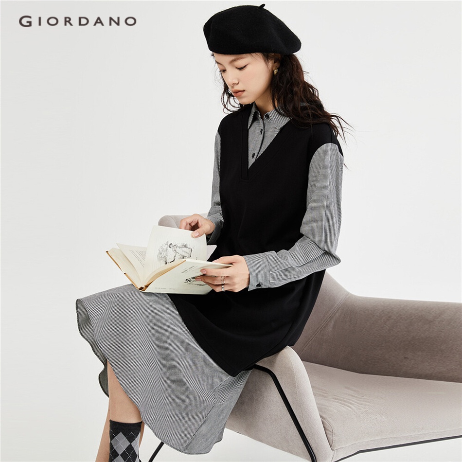 GIORDANO WOMEN Fake 2-piece collage knit plaid shirt dress