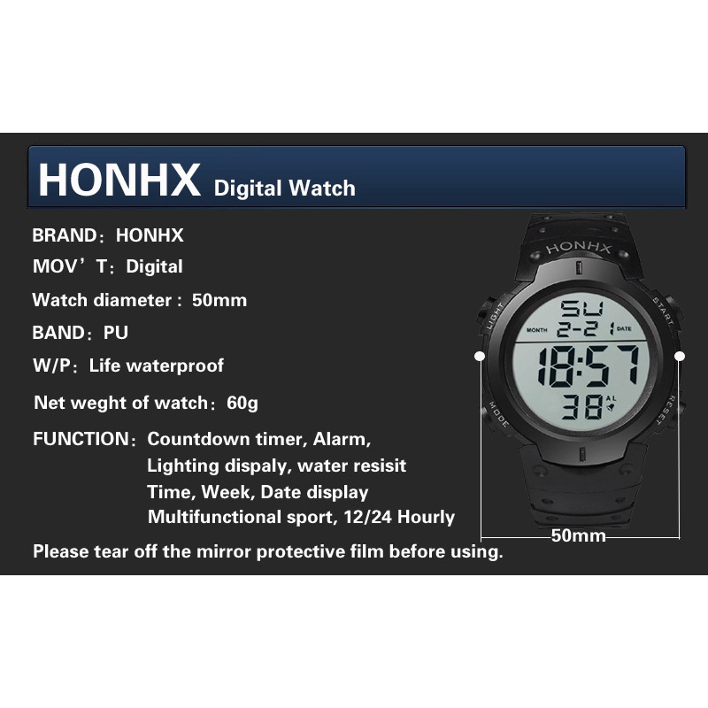 ♟Honhx Sports Watches Digital Big Dial Electronic Watch Waterproof Stopwatch Original Relo Fo