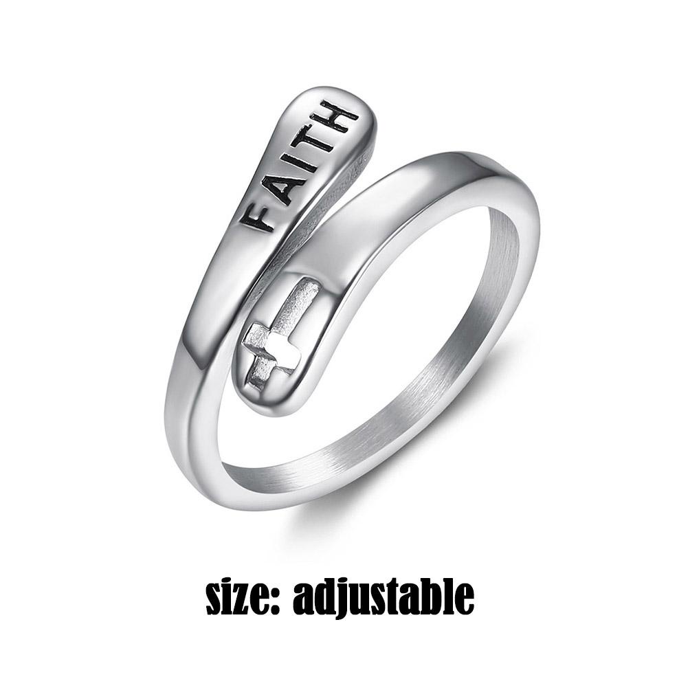 Faith Cross Silver Color Ring Women’S Stainless Steel Open Resizable ...