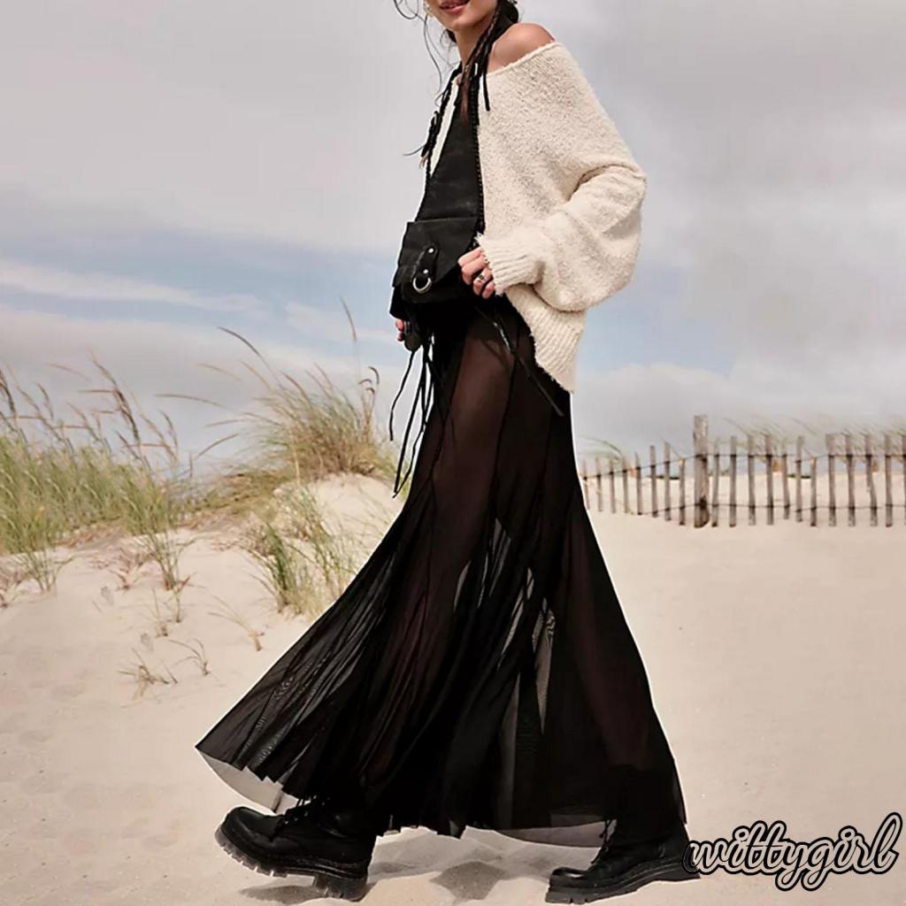 WITTY Women s Sheer Mesh Long Skirts Elastic High Waist Ruffle Hem Flowy Skirts Casual A line Midi Skirts Shopee Philippines