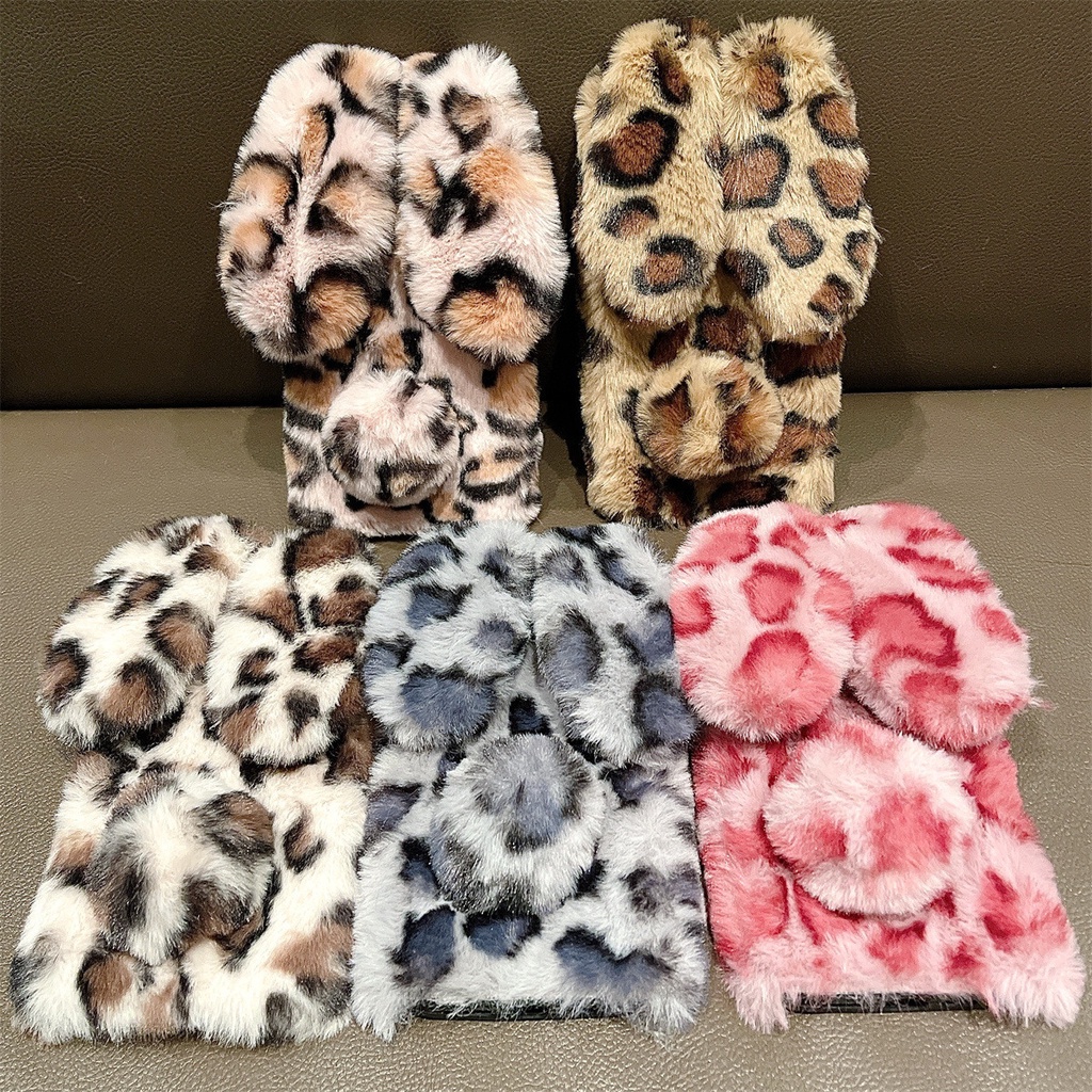 for iPhone Plus XR XS Max Furry Case, Pretty Leopard Print Rabbit  Bunny Soft Ears Tail Doll Fluffy Cute Fuzzy Hair Fur Plush Phone Case Women 
