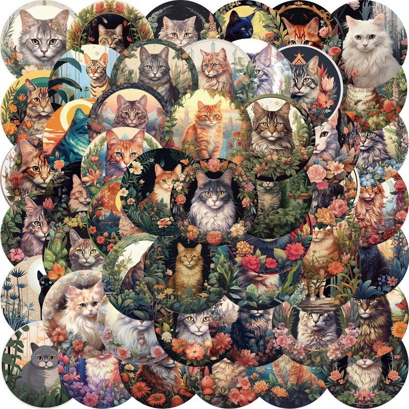 50pcs Cartoon Cute Flowers Cats Stickers DIY Waterproof Graffiti ...