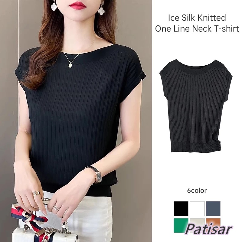Solid Color Short Sleeve Ice Silk Knitted Top Unique One-line Neck ...