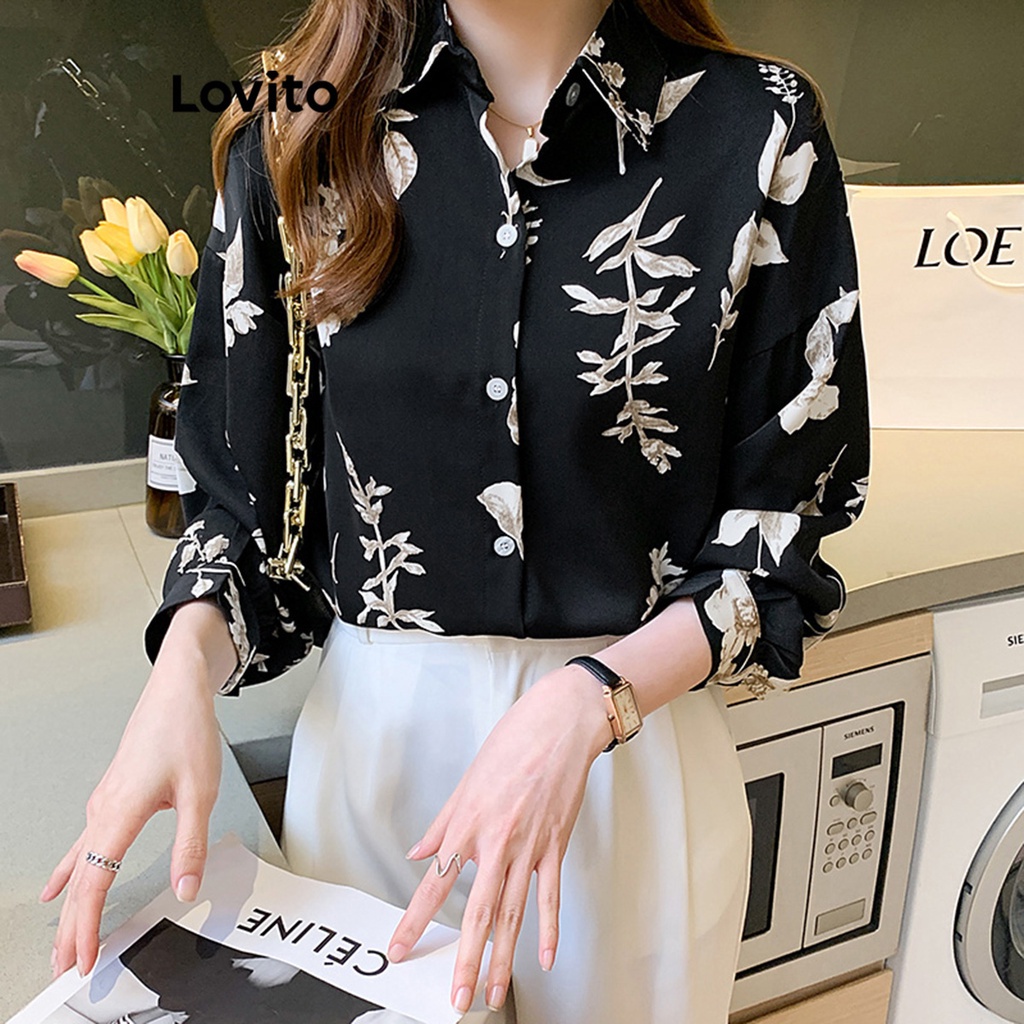 Lovito Women Flowers Button Front Blouse LNE18041 (Black) | Shopee ...