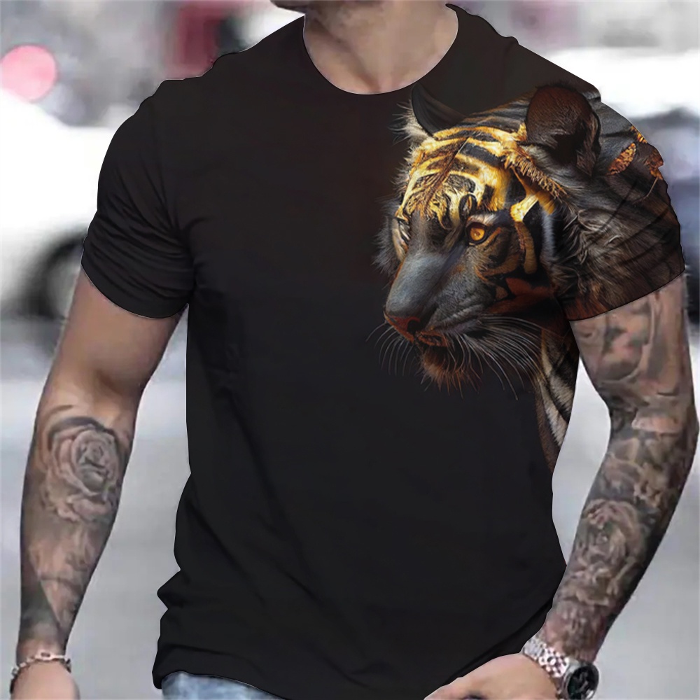 Tiger Print TShirt 3D Animal Men's Shirts Summer 6xl Short Sleeved