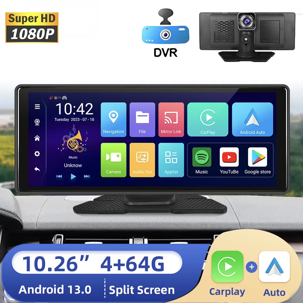 10.26 Inch Android 13 4+64G Dash Cam Carplay Android Auto Mirror Screen WIFI GPS Bluetooth Car