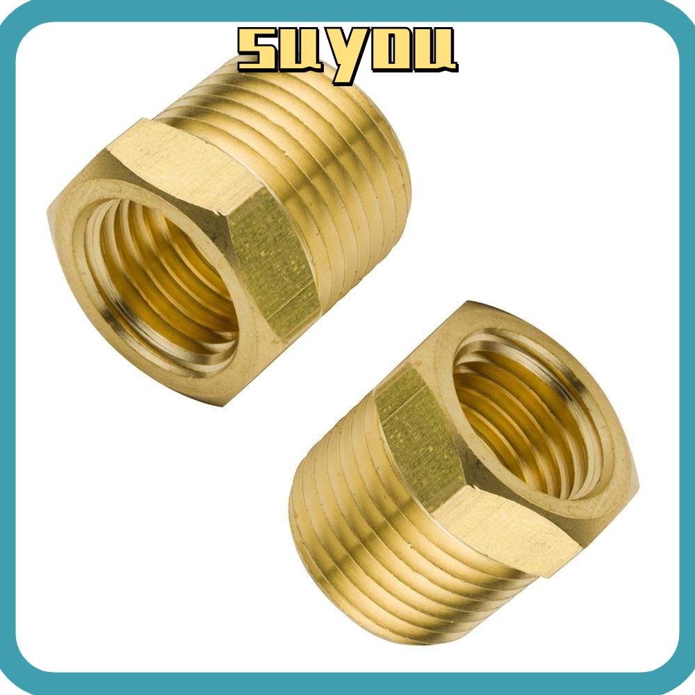 SUYO 2pc Brass Pipe Fitting Hex Bushing, 3/8" NPT Male To 1/4" NPT Gold