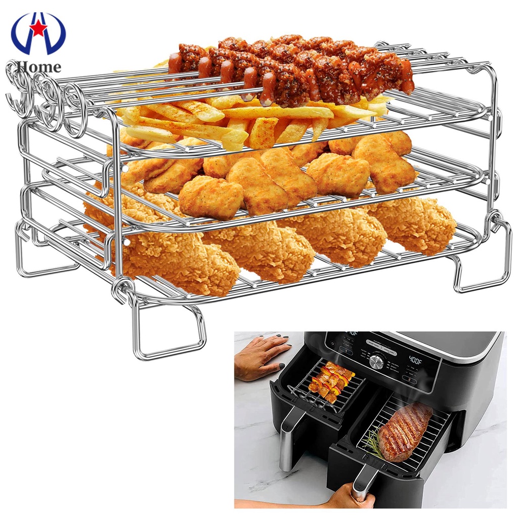 3 Layer Air Fryer Rack with 5 Skewers Stackable Air Fryer Grill Rack