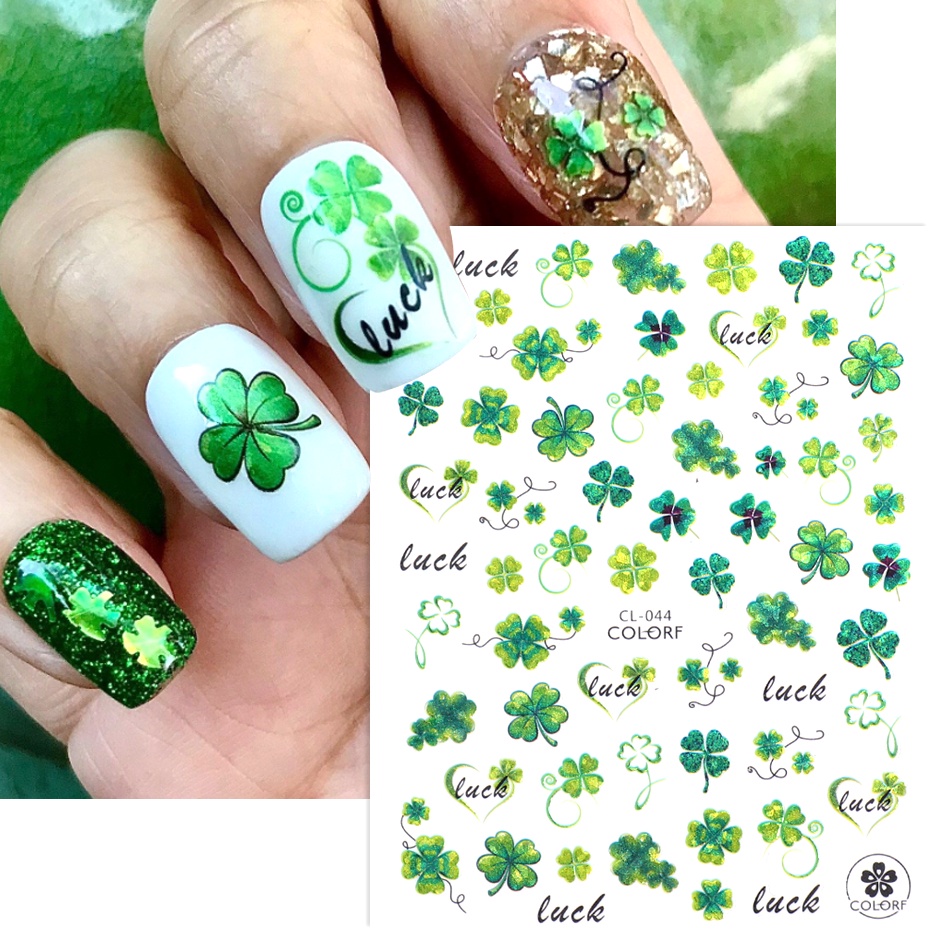 1pcs Green Clover Leaves Stickers Autumn 3D Laser Four Leaf Flower Nail ...