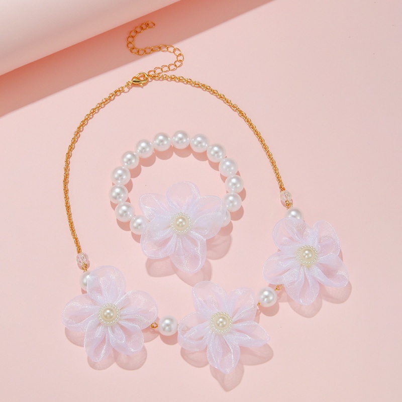 Children's Pearl Necklace, Bracelet Set White Flower Princess Jewelry