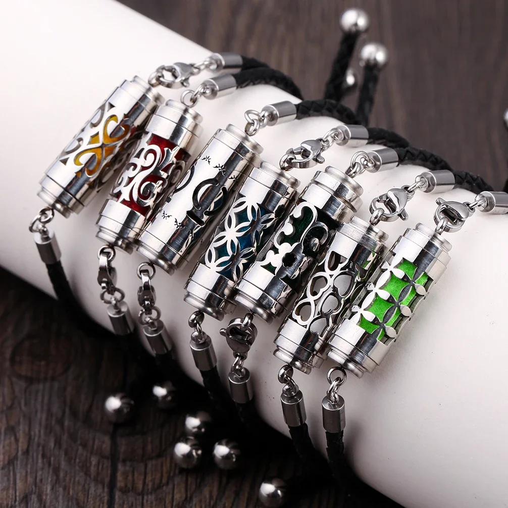 2024 New Stainless Steel Aromatherapy Bracelet Black Leather Bracelets