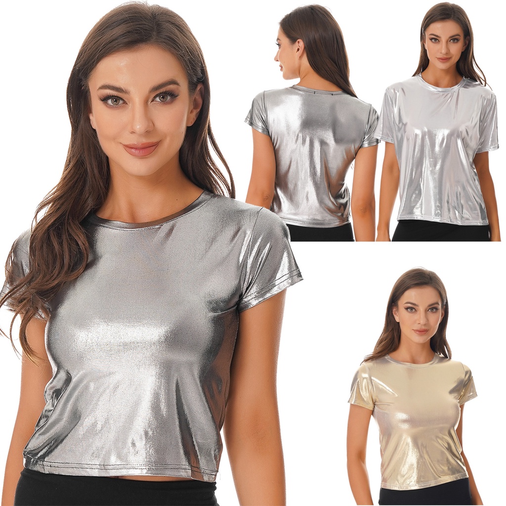 Women Shiny Metallic Short Sleeve T-shirt Round Neck Glossy Solid Color ...