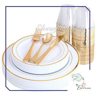 175 PCS Gold Plastic Disposable Dinnerware Set 25 Guests – By Madee