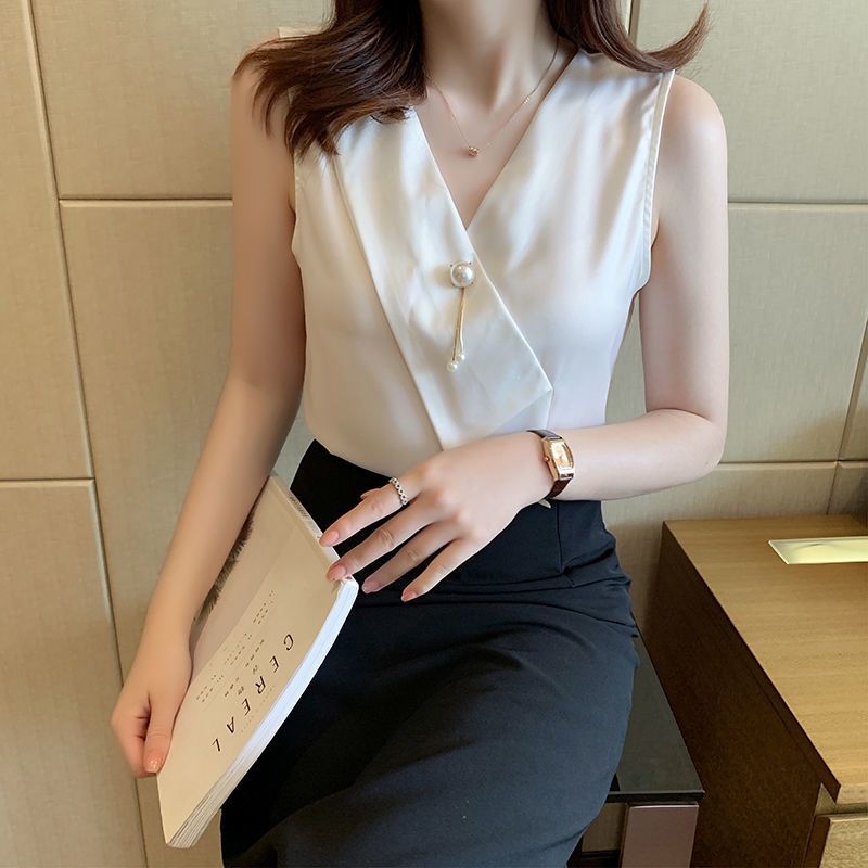 White Chiffon Shirt Women v Neck Vest Outer Shirt French Niche Sleeveless Pullover Top Shopee Philippines