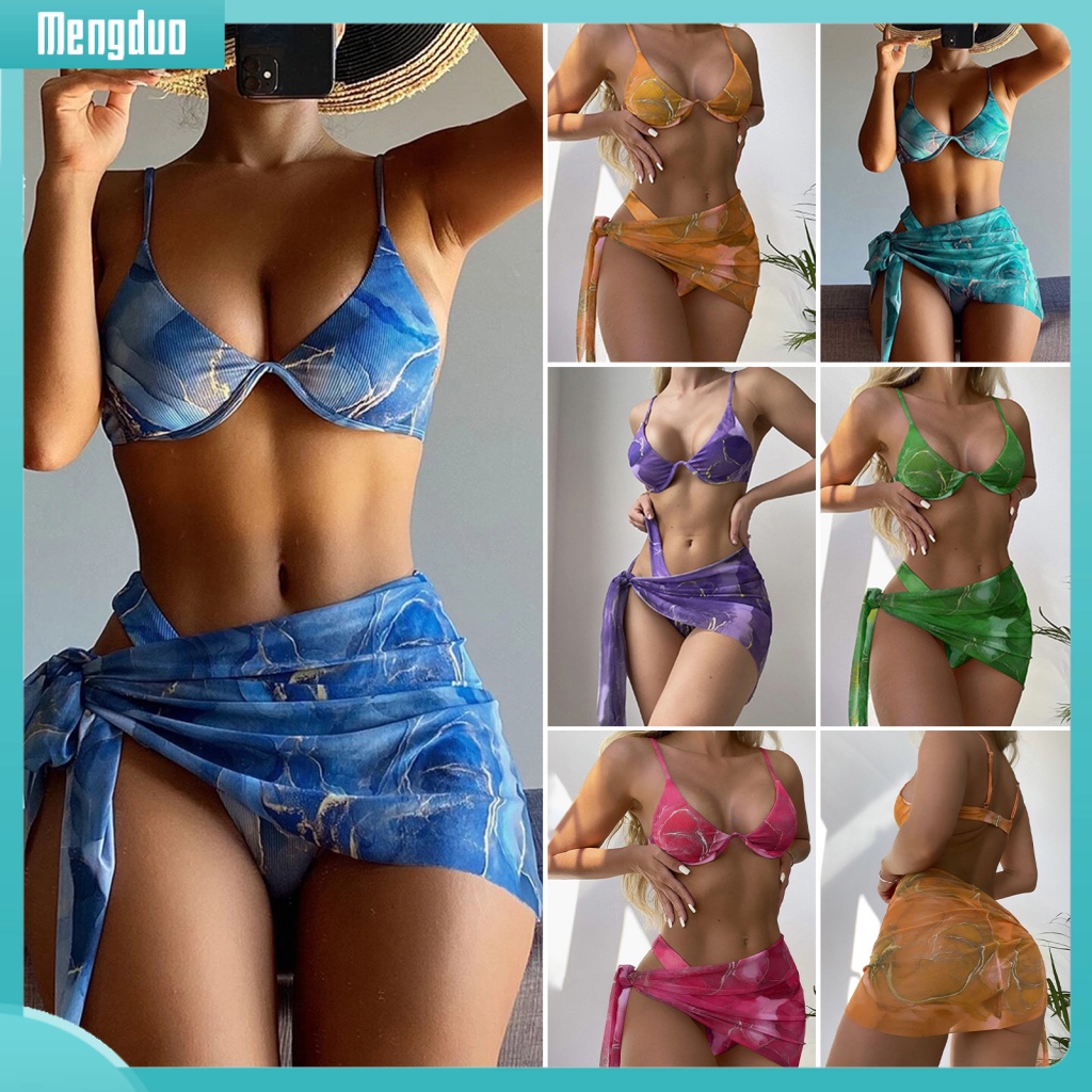 DUO 3 Pcs/Set Women Bikini Skirt Set Marble Texture Print V Neck with