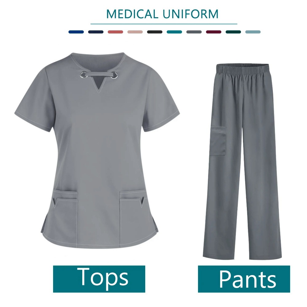 New Short Sleeve Scrubs Suit Top With Pocket Pants Medical Nurse ...