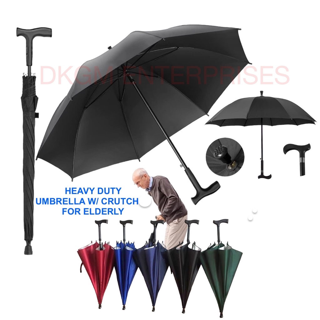 Pure Rain Heavy Duty 2in1 Umbrella with Crutch for Elderly Anti UV Non Slip Rubber Foot Wind Proof