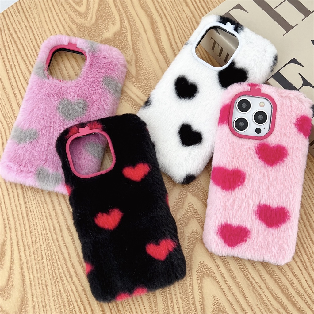 for iPhone 11 Pro Max Plus X XS XR Furry Phone Case with Metal Camera  Frame, Heart Shaped Love Pattern Soft Warm Cozy Fluffy Fuzzy Hair Fur