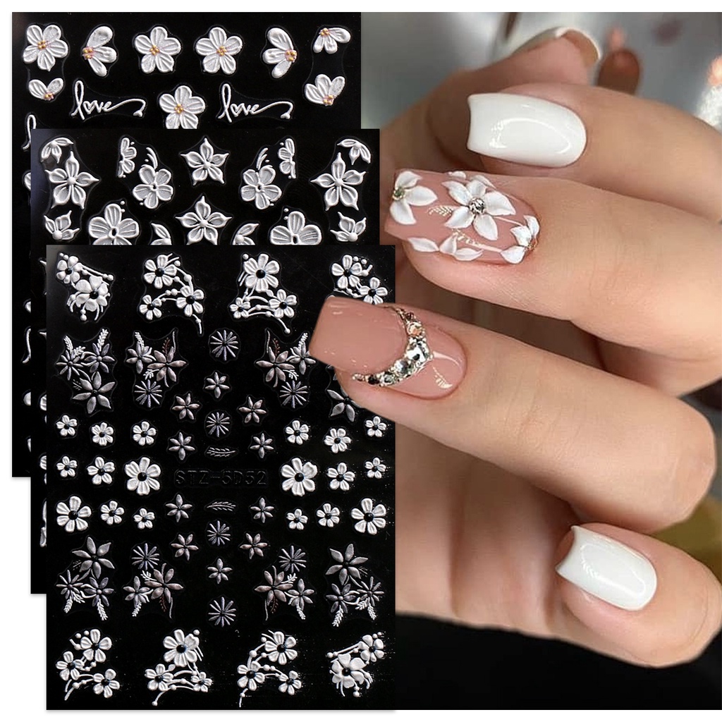 HAMA NAIL 5D Embossed Nail Art Stickers Wholesale Spring Flowers White