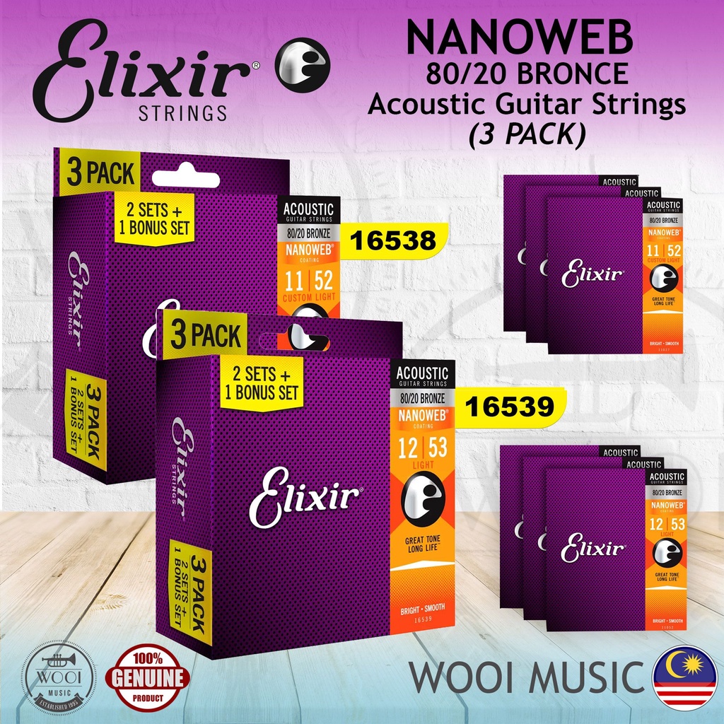 Elixir Nanoweb 80/20 Bronze Acoustic Guitar Strings 11-52 Custom Light ...