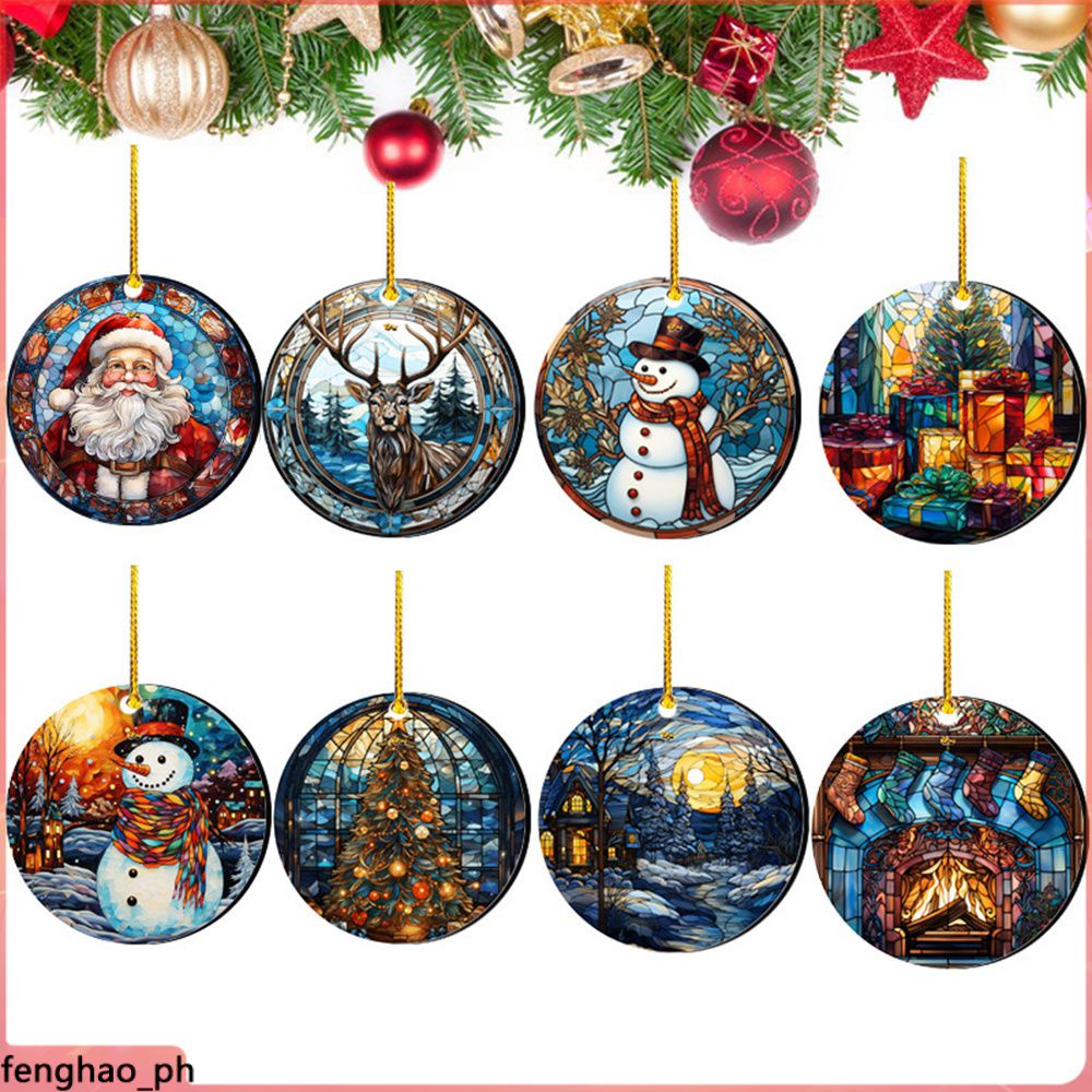 Christmas Pendant Acrylic Round Hanging Ornaments Santa Claus Elk Snowman Cartoon Christmas Tree 0676