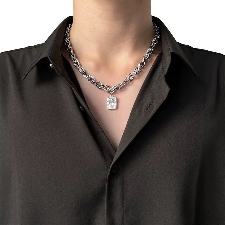 Square Gem Pendant Men's Titanium Steel Necklace, Winding Chain Men's