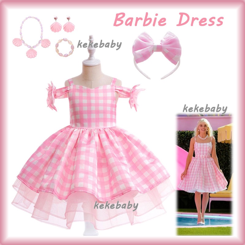 Princess Dress for Kids Girl 7 Years Old Pink Plaid Sling Barbie Dress ...