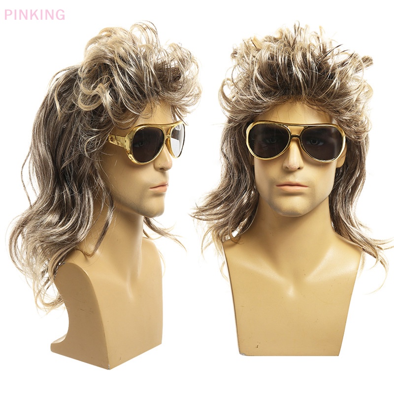 PINKING Mullet Wigs for Men 70s 80s Costumes Mens Long Curly Fancy