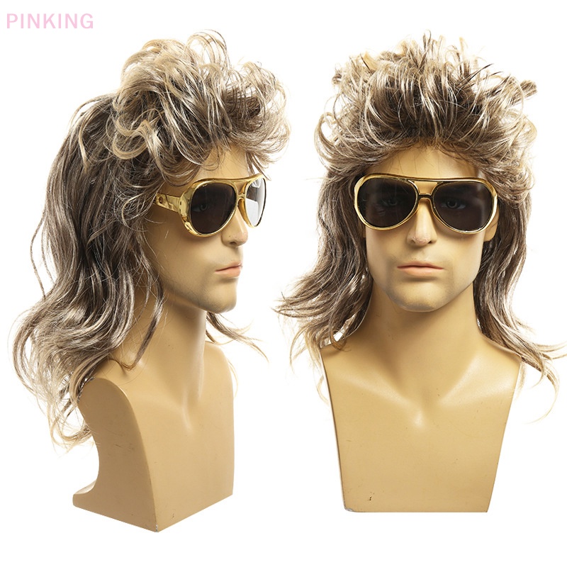 Pinking Mullet Wigs For Men 70s 80s Costumes Mens Long Curly Fancy Party Accessory Cosplay Hair 3440