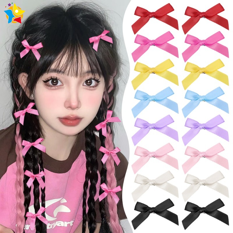 8pcs Y2k Mini Candy Color Bowknot Fabric Hair Clips Sweet Ballet Style