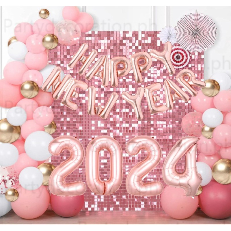 Happy New Year Theme 2024 Balloon Set Gold Rose Gold Banner Number