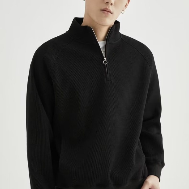 New Half Zipper Sweatshirt Men Spring Autumn Retro Heavy Waffle Jacket Fashion Wool Top