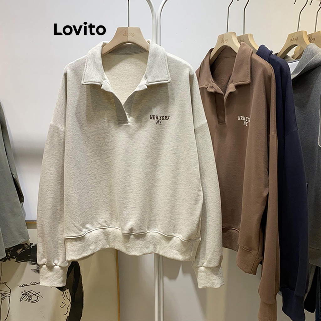 Lovito Women Preppy Plain Pattern Sweatshirt LNA30051 (Grey/Navy Blue ...