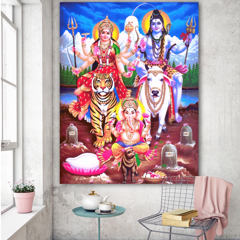 CHENFART Canvas Paintings Shiva Parvati Ganesha Indian Art Hindu God