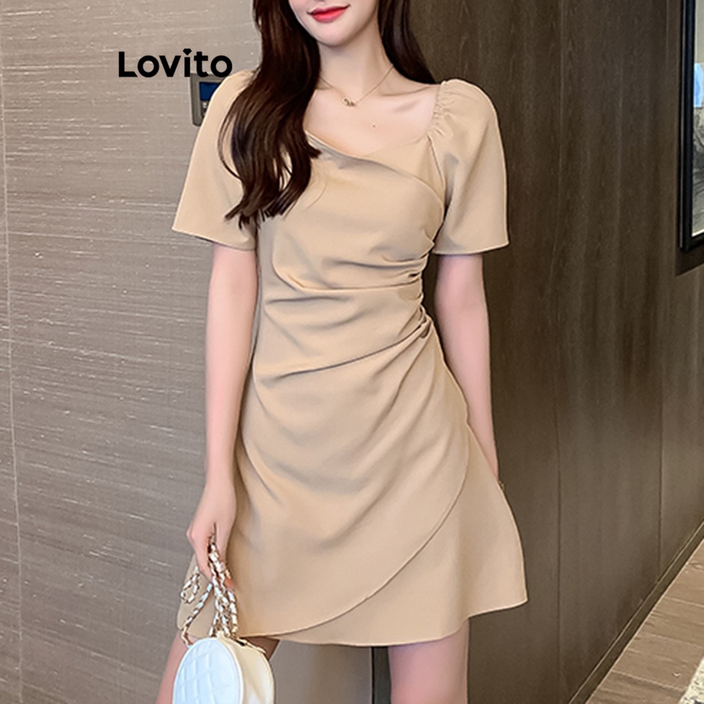 Lovito Women Casual Plain Plicated Dress Lne Khaki White Shopee Philippines