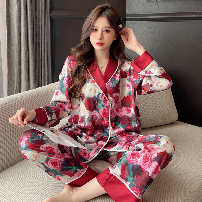 New Women's Pajamas Long Sleeve Thin Flower Printed Ice Silk Pajama Set ...
