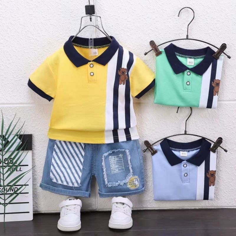 Plain Stripe Terno set Polo shirt and denim maong