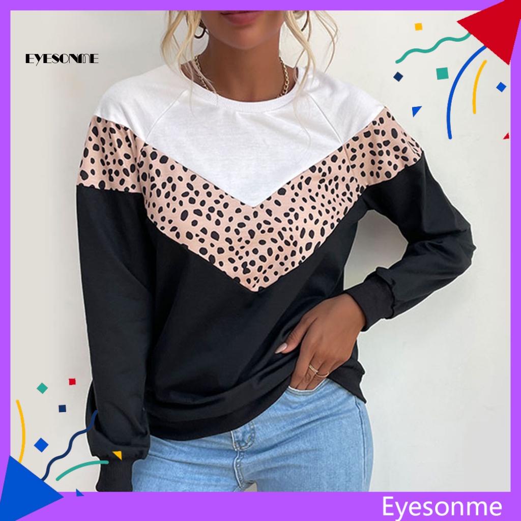 EYES Women Sweatshirt Leopard Print Patchwork Contrast Color Round Neck ...