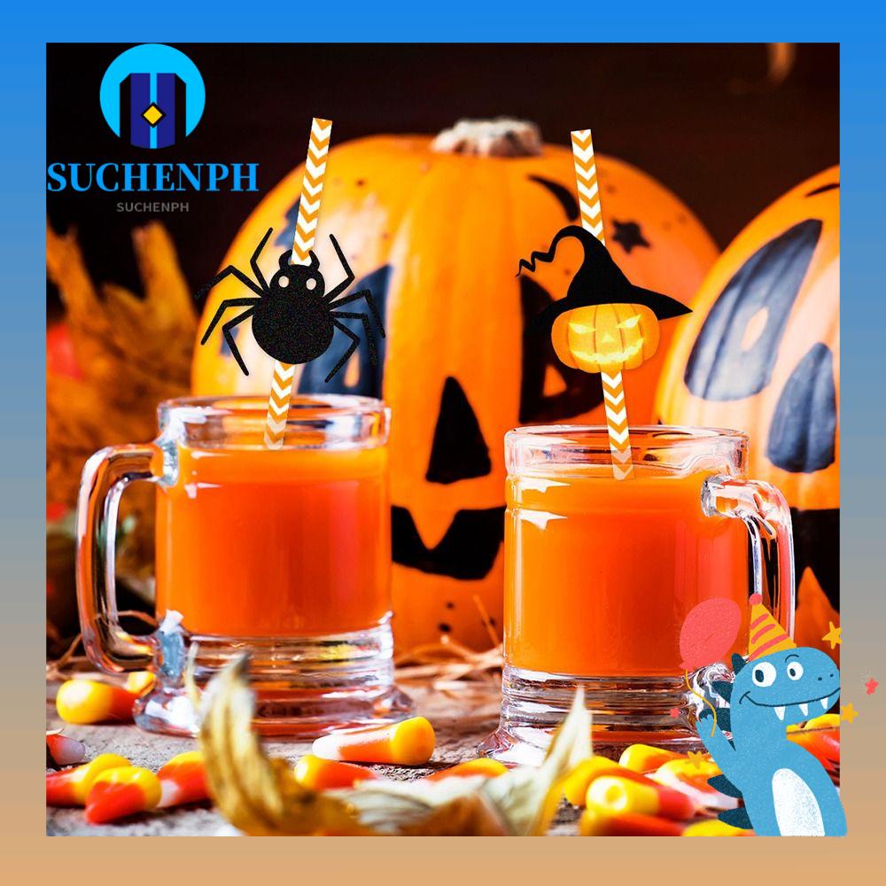 SUCHENPH 24Pcs Halloween Theme Disposable Straws, Pumpkin Ghost Paper
