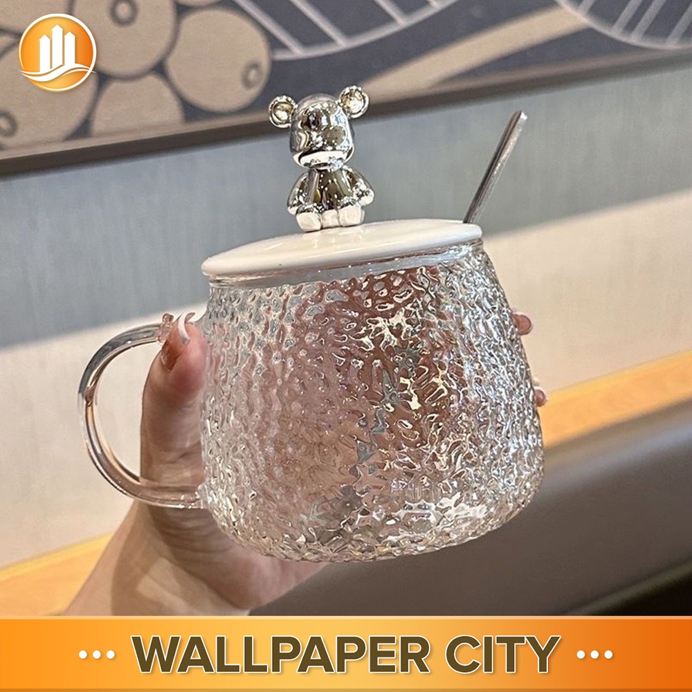 WPC Cute Glass Mug with Handle Ice Berg Hammer Design Cup with Cover ...