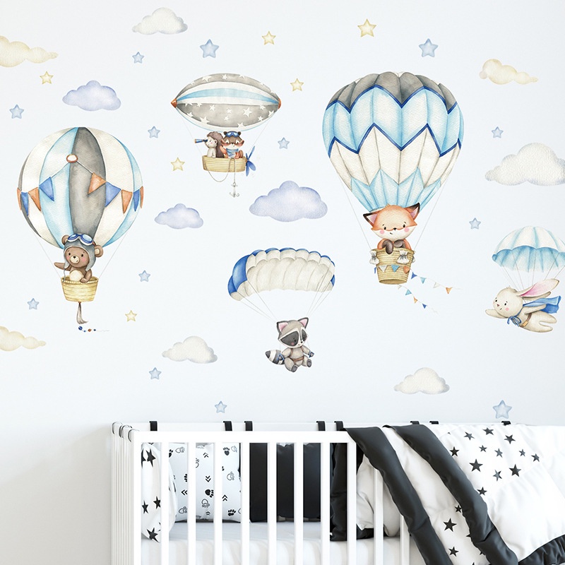 Cartoon Animal Hot Air Balloon Parachute Wall Sticker Children's Room ...