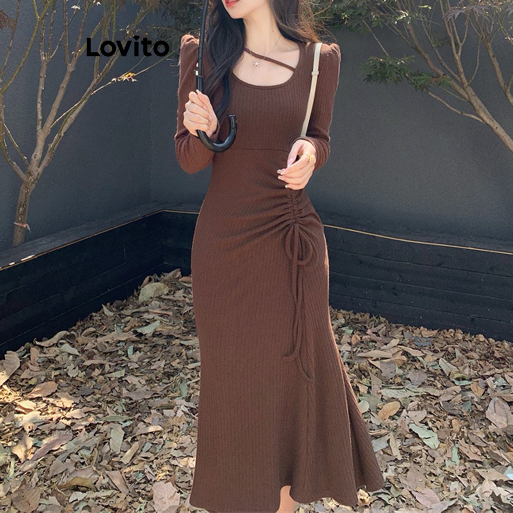 Lovito Women Asymmetrical Drawstring Dress LNE21306 (Brown