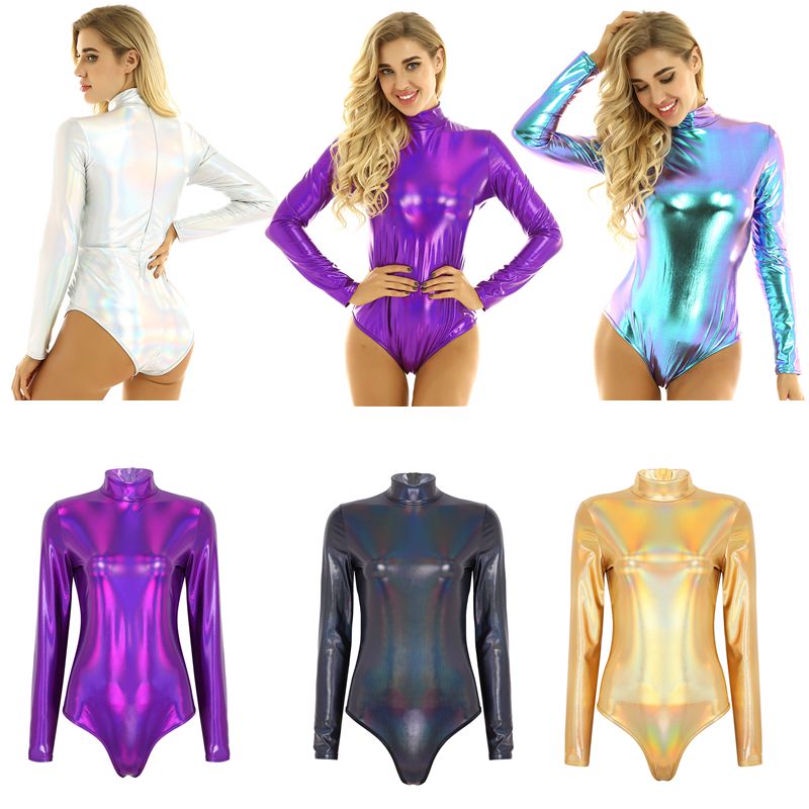 Womens One Piece Shiny Metallic Turtleneck Long Sleeves Gymnastic Dance