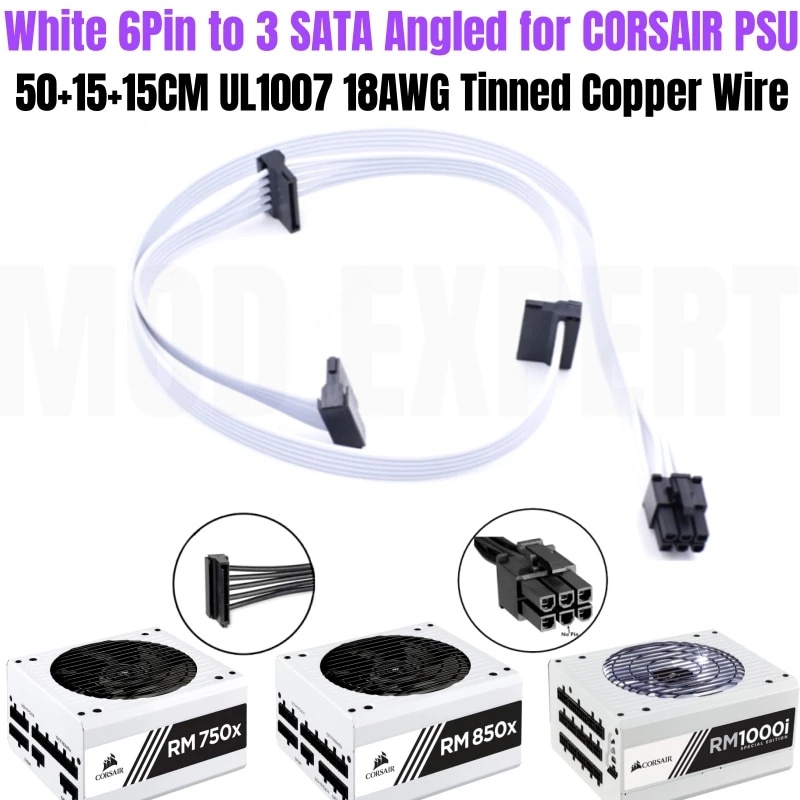 6Pin to 3 SATA Right Angled HDD SSD Power Cable for CORSAIR White