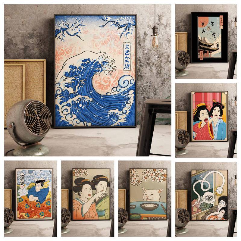 Japanese Ukiyo-e Wall Art canvas painting Woman yelling at cat me ...