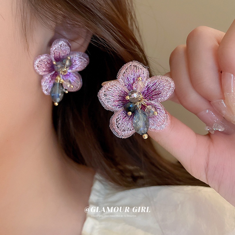 Silver Needle crystal fabric flower earrings light luxury fashion personalized design earrings