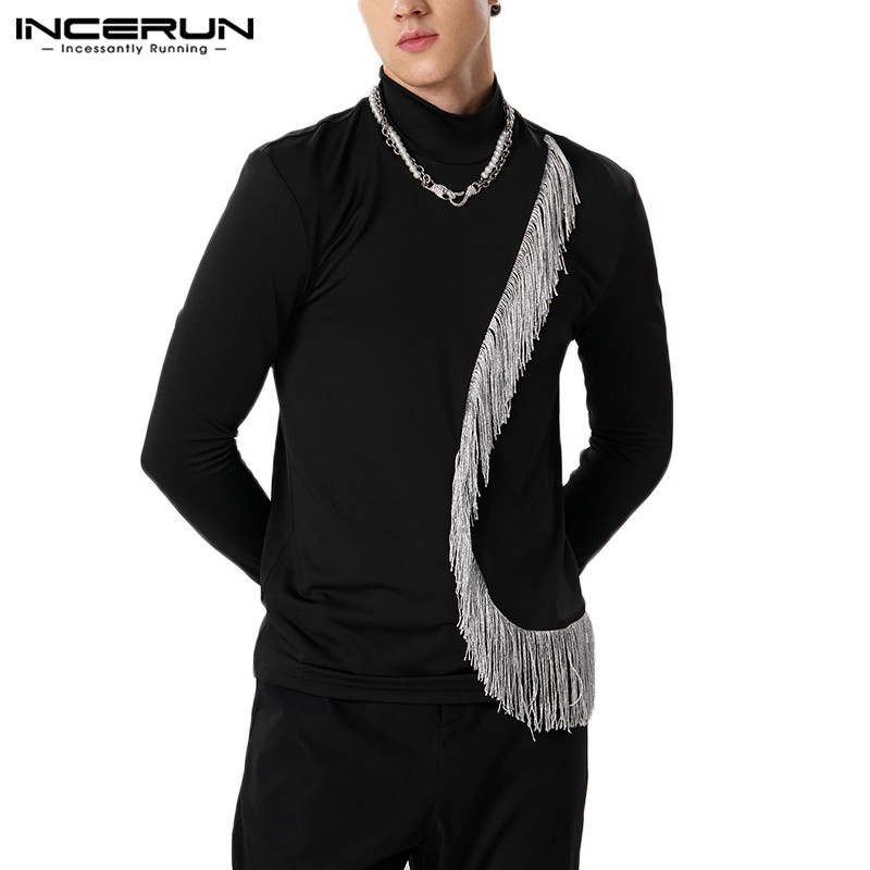 INCERUN Men Vintage Glitter Fringe Knit Stretchy Skinny Half High Neck