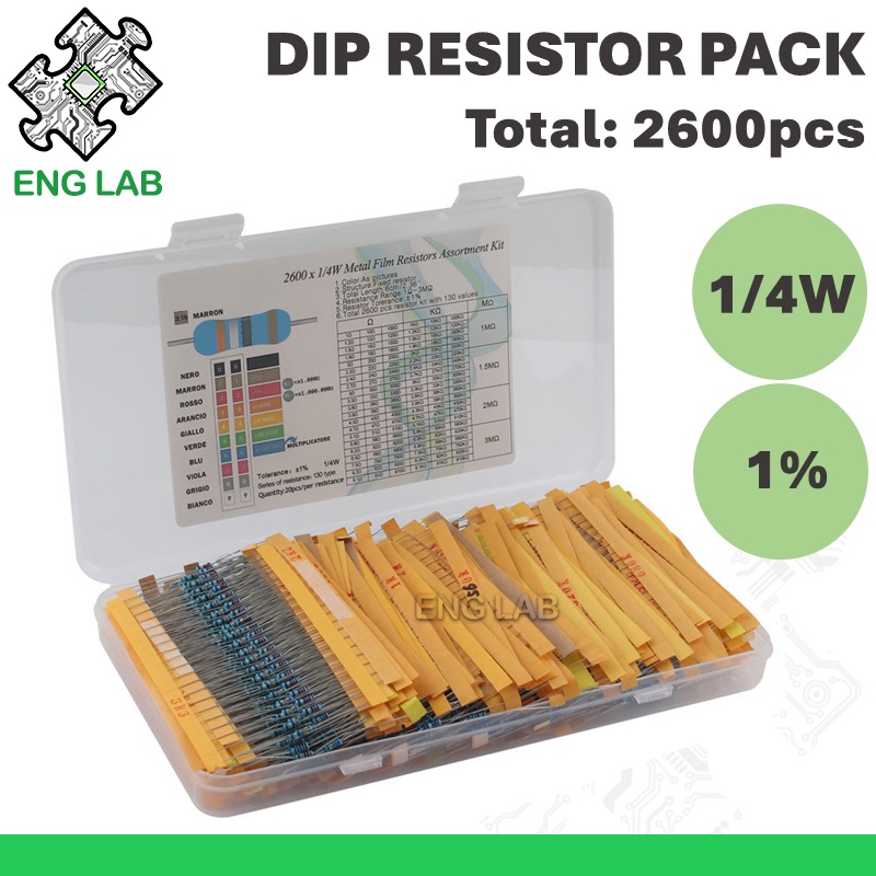 ENGLAB★2600pcs DIP Resistors Kit, 130 Types From 1 Ohm to 1M Ohm, 1/4W