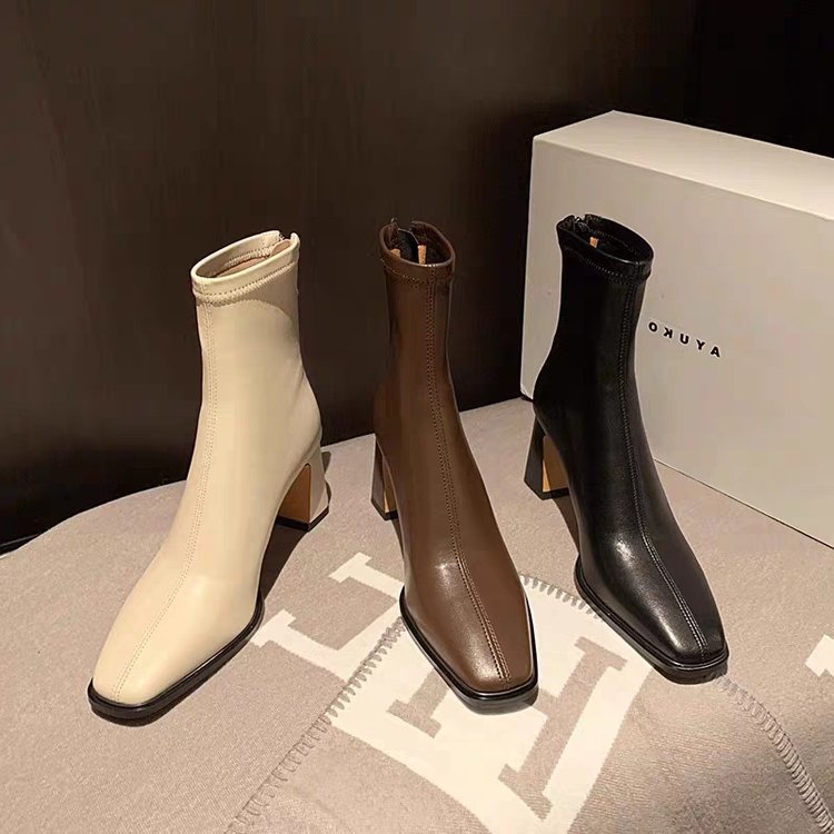 Retro Square head mid-heel short boots Women's fashionable back zipper ...